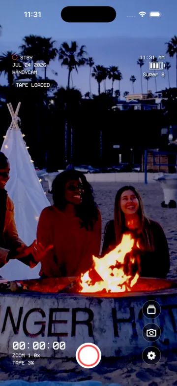The same beach bonfire rendered with the Super 8 film look.