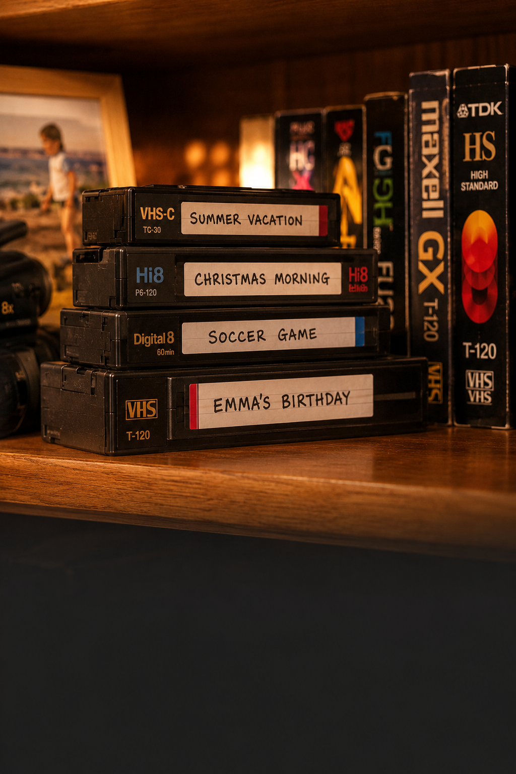 A stack of labeled home video tapes.