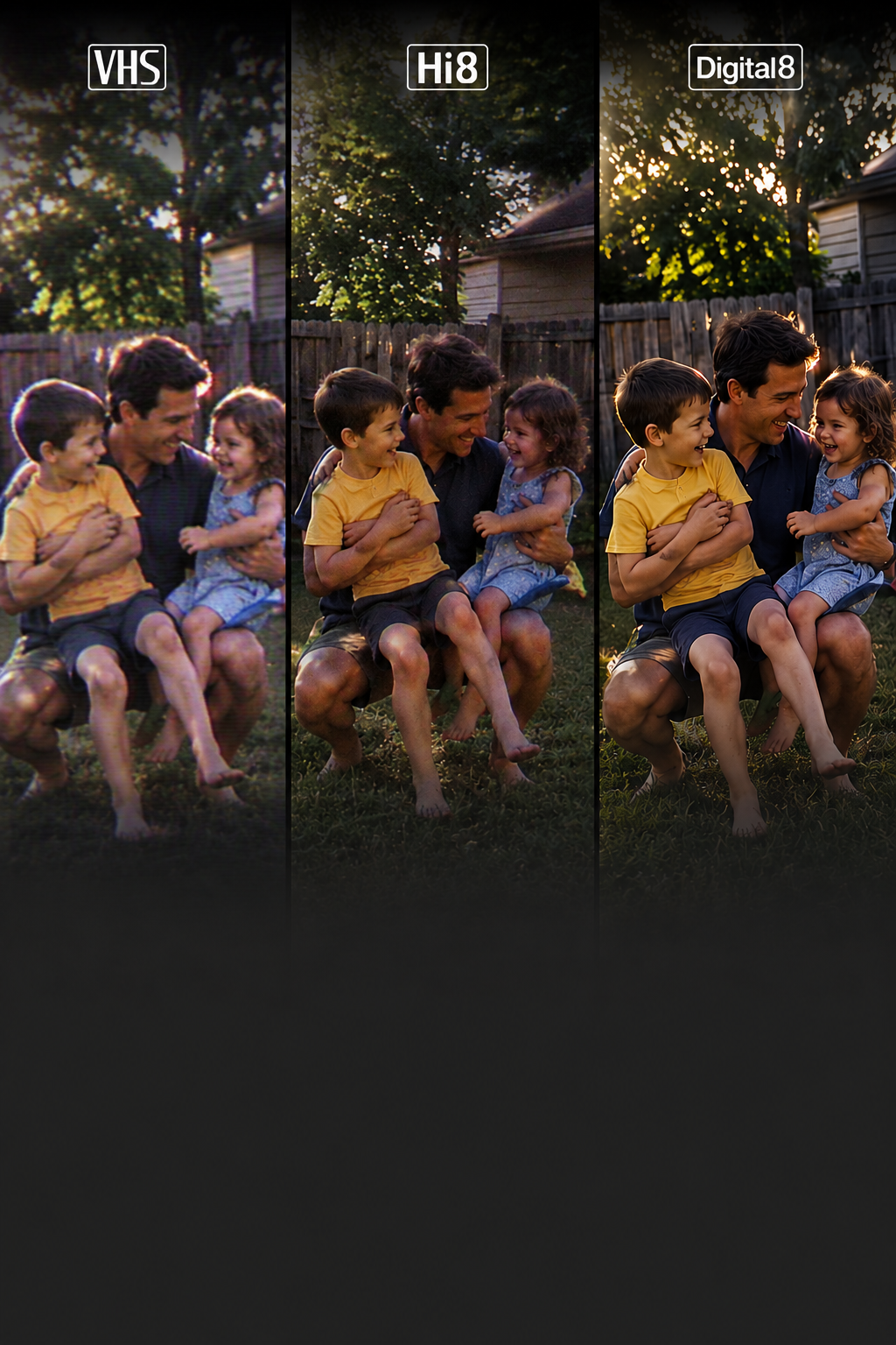 Three camcorder tape styles shown side by side.