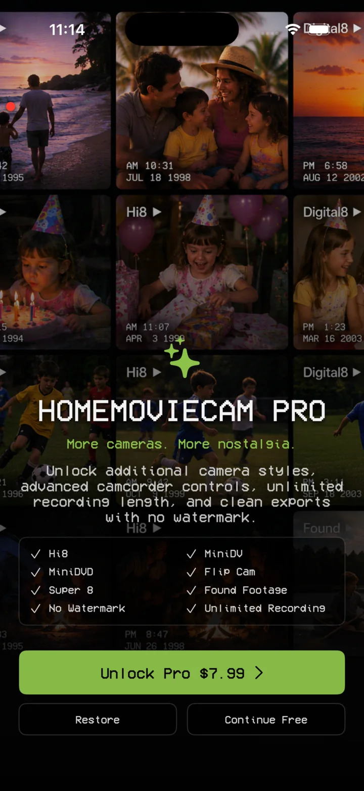 HomeMovieCam Pro screen listing additional camcorders, no watermark, and unlimited recording.