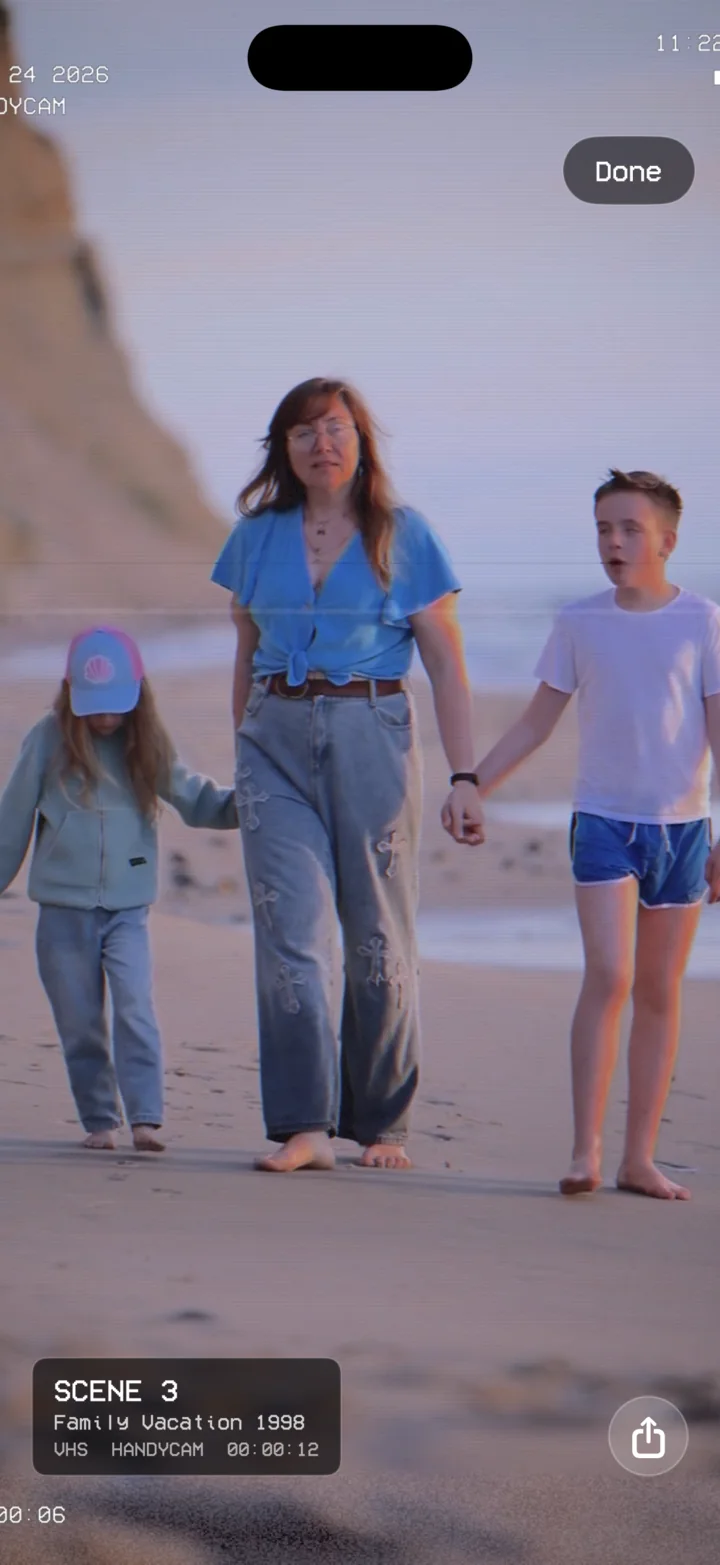 Full-screen playback of a family beach scene from a HomeMovieCam tape.